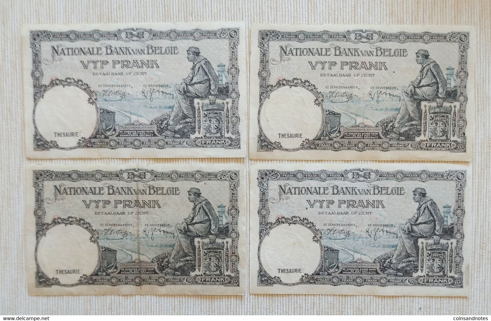 Belgium 1938 - 5Fr “1919" Nationale Reeks - Set 4 Opeenvolgende Nummers - Morin 12 - 5 Francs