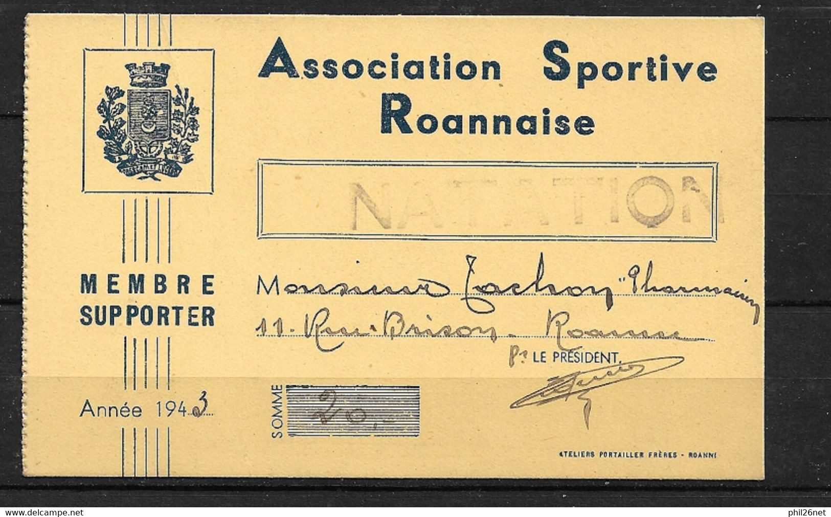 Carte De Membre Supporter Association Sportive Roannaise Natation Année    1943 Voir Scans   - Zwemmen