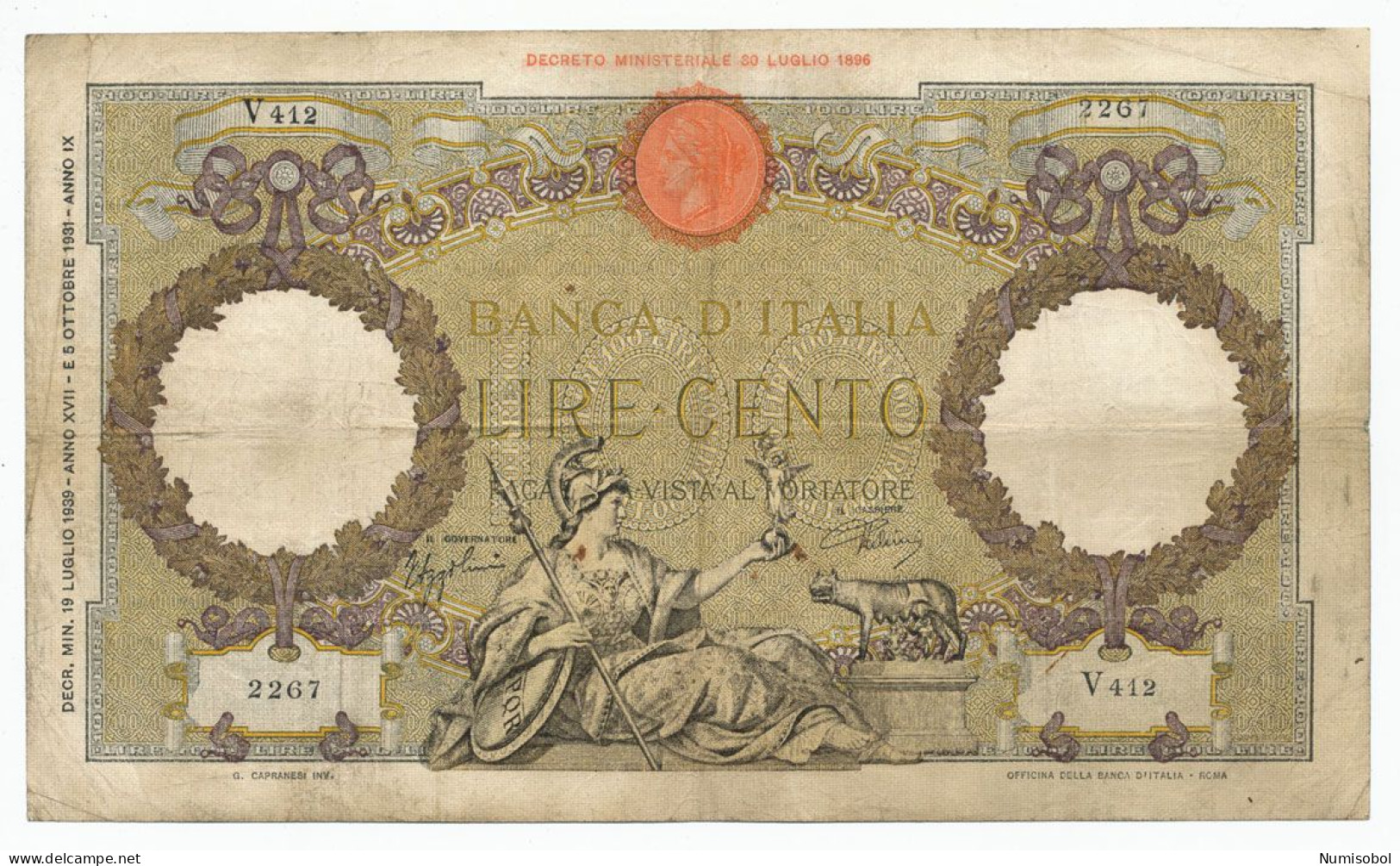 ITALY - 100 Lire 19. 7. 1939. P55b (T147) - 100 Liras