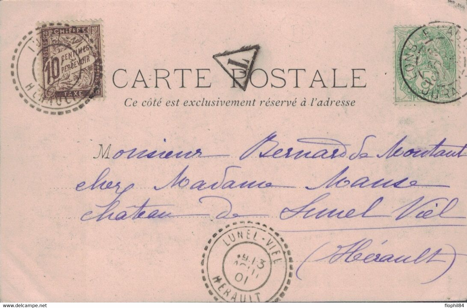 HERAULT - LUNEL-VIEL - T84 EN ANNULATION EN ARRIVEE SUR TAXE 10c BANDEROLE - CARTE DE LONS LE SAUNIER - JURA - CARTE POS - 1859-1959 Storia Postale