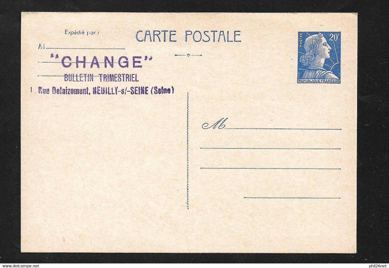 France   Entier N° 1011B  CP1  Cachet "Change"  Bulletin Trilmestriel Neuf  B/TB  Voir Scan - Cartes Postales Types Et TSC (avant 1995)