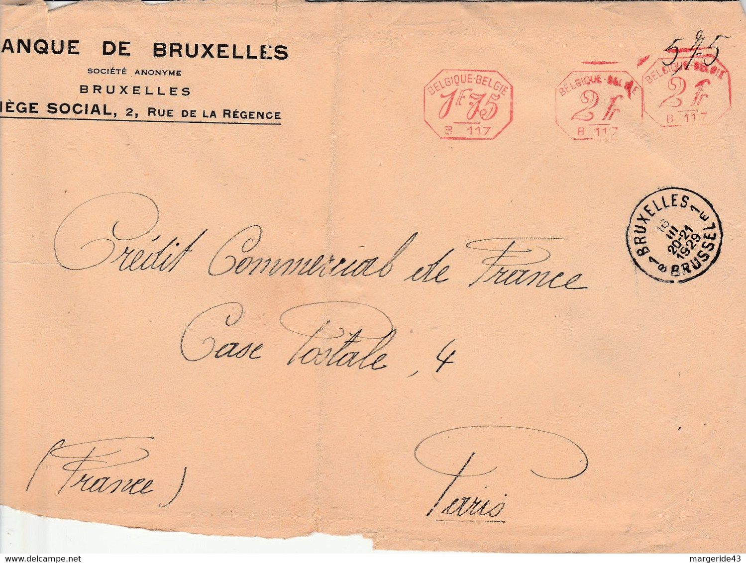BELGIQUE EMA DE BRUXELLES SUR LETTRE  POUR LA FRANCE 1929 - Otros & Sin Clasificación