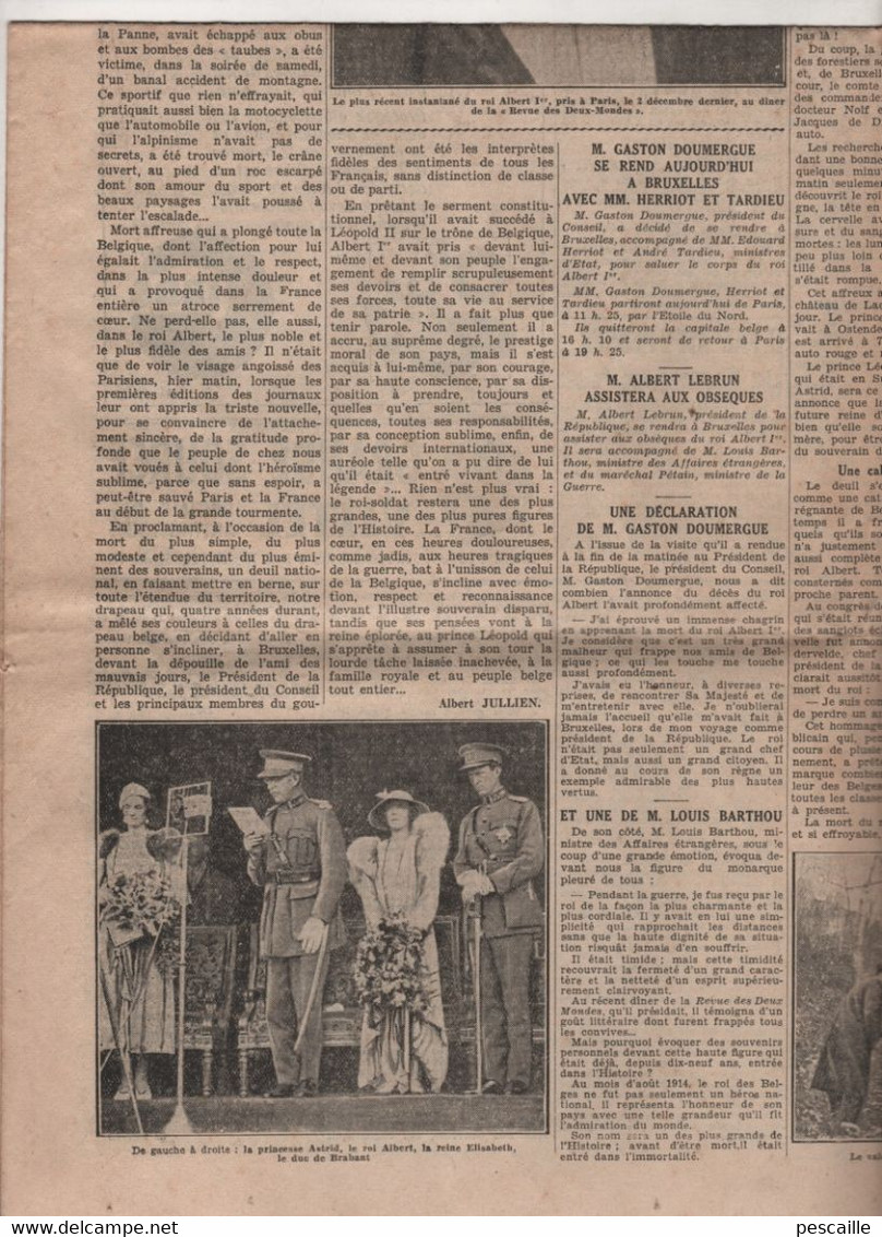 LE PETIT PARISIEN 17 02 1934 - MORT DU ROI ALBERT PREMIER DES BELGES PRES NAMUR - VIENNE GREVES - HAZEBROUCK - DREUX - - Le Petit Parisien