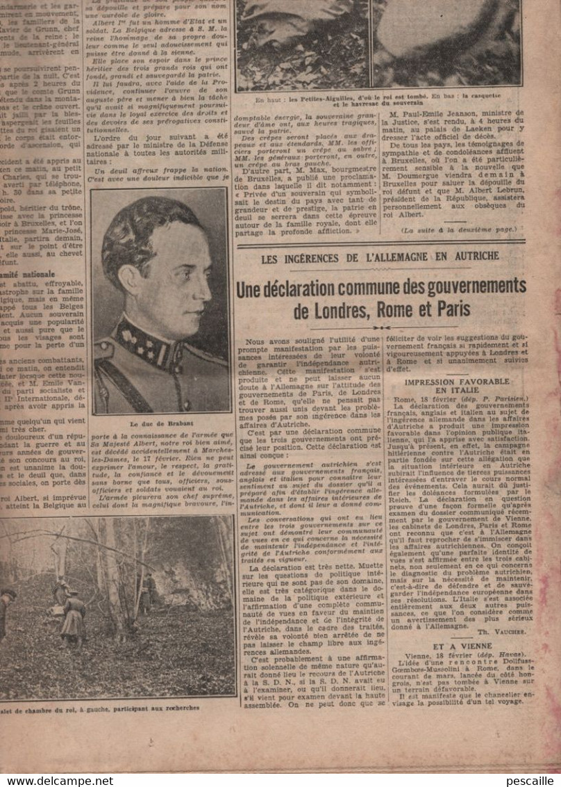 LE PETIT PARISIEN 17 02 1934 - MORT DU ROI ALBERT PREMIER DES BELGES PRES NAMUR - VIENNE GREVES - HAZEBROUCK - DREUX - - Le Petit Parisien