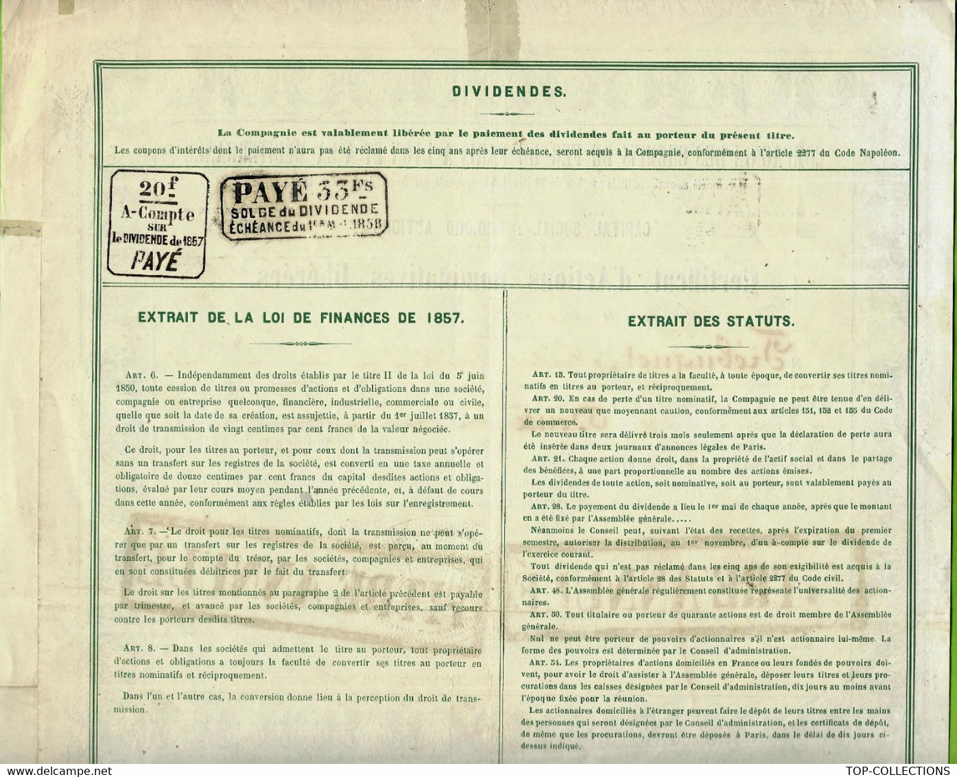 RARE 1857 ACTION DE L ANNEE DE CREATION DE La CIE DES CHEMINS DE FER DE PARIS à LYON ET à La MEDITERRANEE  P.L.M. PARIS - Ferrocarril & Tranvías