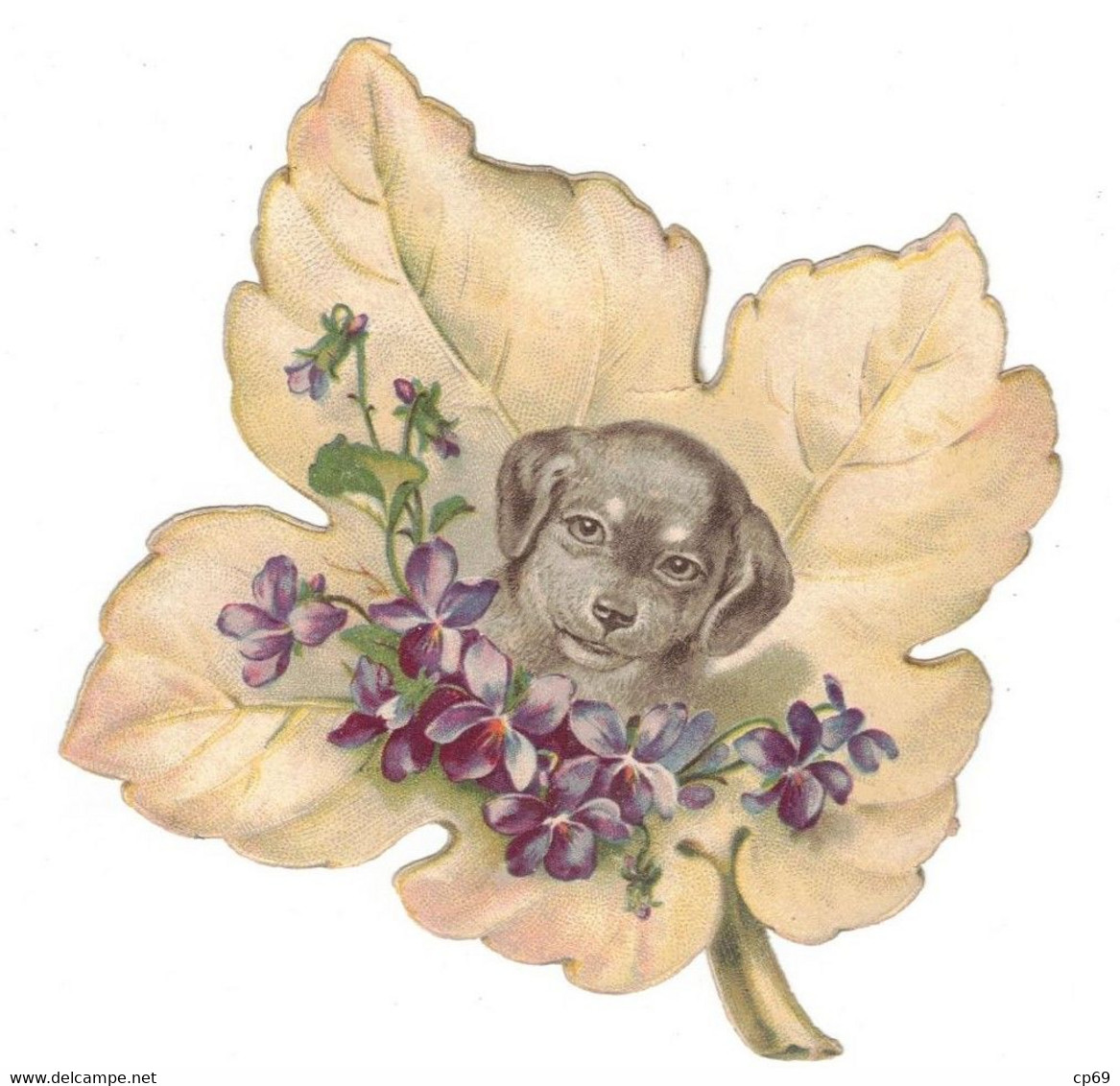 Chromo Découpi Chocolat Payraud Chien Dog Cane Feuille Fleur Flower Format 9,9 Cm X 10 Cm En B.Etat - Animali