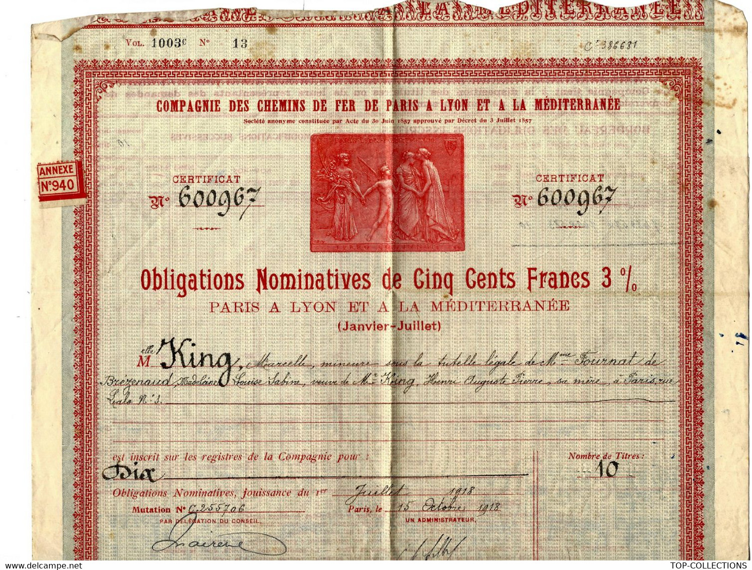 RARE 1918  OBLIGATION 3% De La CIE DES CHEMINS DE FER DE PARIS à LYON ET à La MEDITERRANEE P.L.M. PARIS - Railway & Tramway