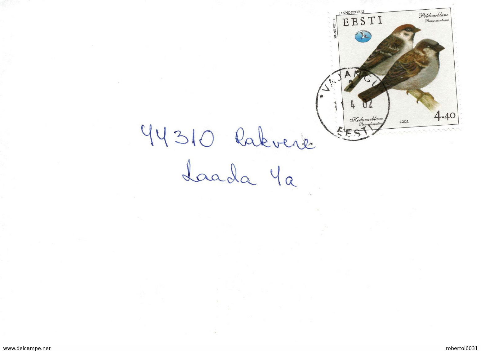 Estonia 2002 Cover With 4,40 Kr. Bird Sparrow - Sparrows