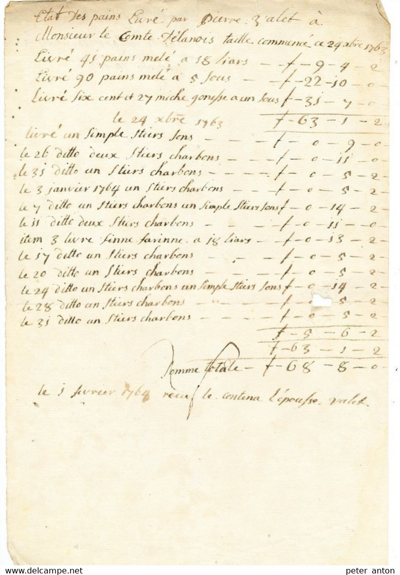 Facture De Pain Du 24 Octobre 1763au Comte Delanois ( De Lannoy) Par Pierre Valet - ... - 1799