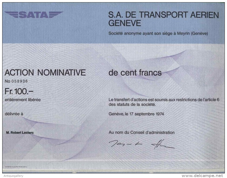 RARE : S. A DE TRANSPORT AERIEN GENEVE & ARTICLE (BENEFICIAIRE EN PRISON) - Aviación