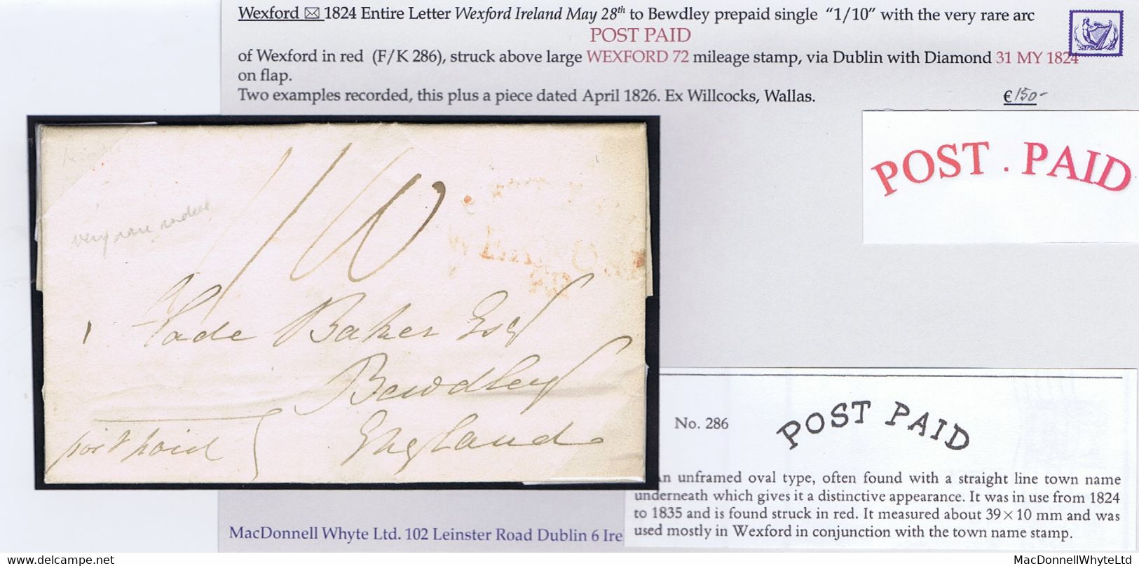 Ireland Wexford 1824 Letter To Bewdley Prepaid "1/10" With Rare Arced POST PAID Of Wexford Over WEXFORD/72 Mileage Mark - Prefilatelia