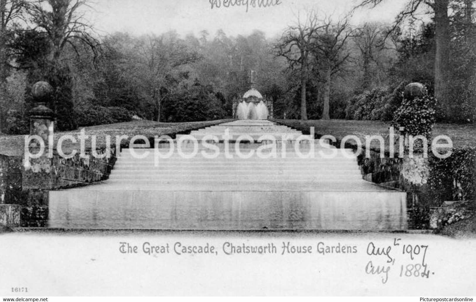 CHATSWORTH HOUSE THE GREAT CASCADE OLD B/W POSTCARD DERBYSHIRE - Derbyshire