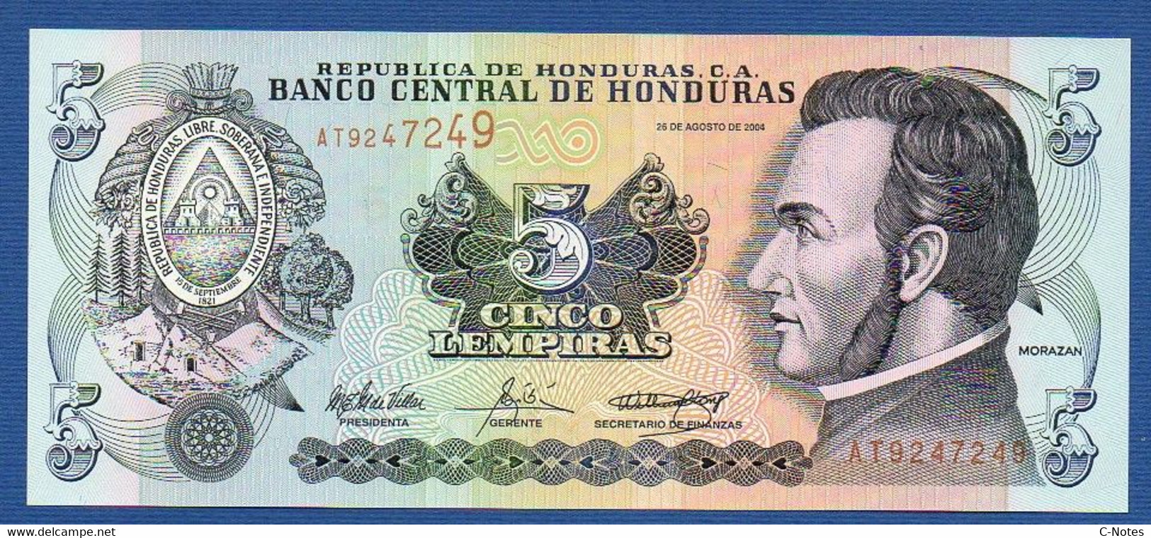 HONDURAS - P. 85d – 5 Lempiras 26.08.2004 UNC, Serie AT9247249 - Printer Canadian Bank Note Company - Honduras