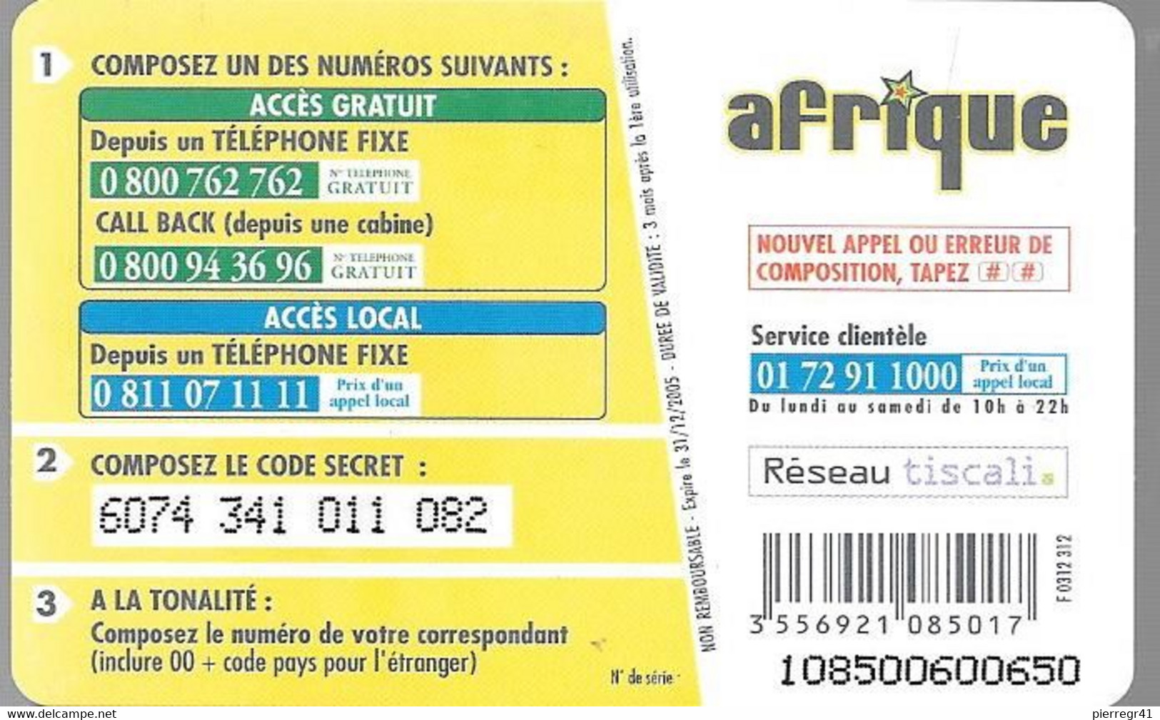 CARTE-PREPAYEE-7.5€;-AFRIQUE-RESEAU TISCALI-FEMME ELEPHANT-31/12/2005-V°N° Série En 12 Gd N° 4/3/3/3 -TBE - Dschungel