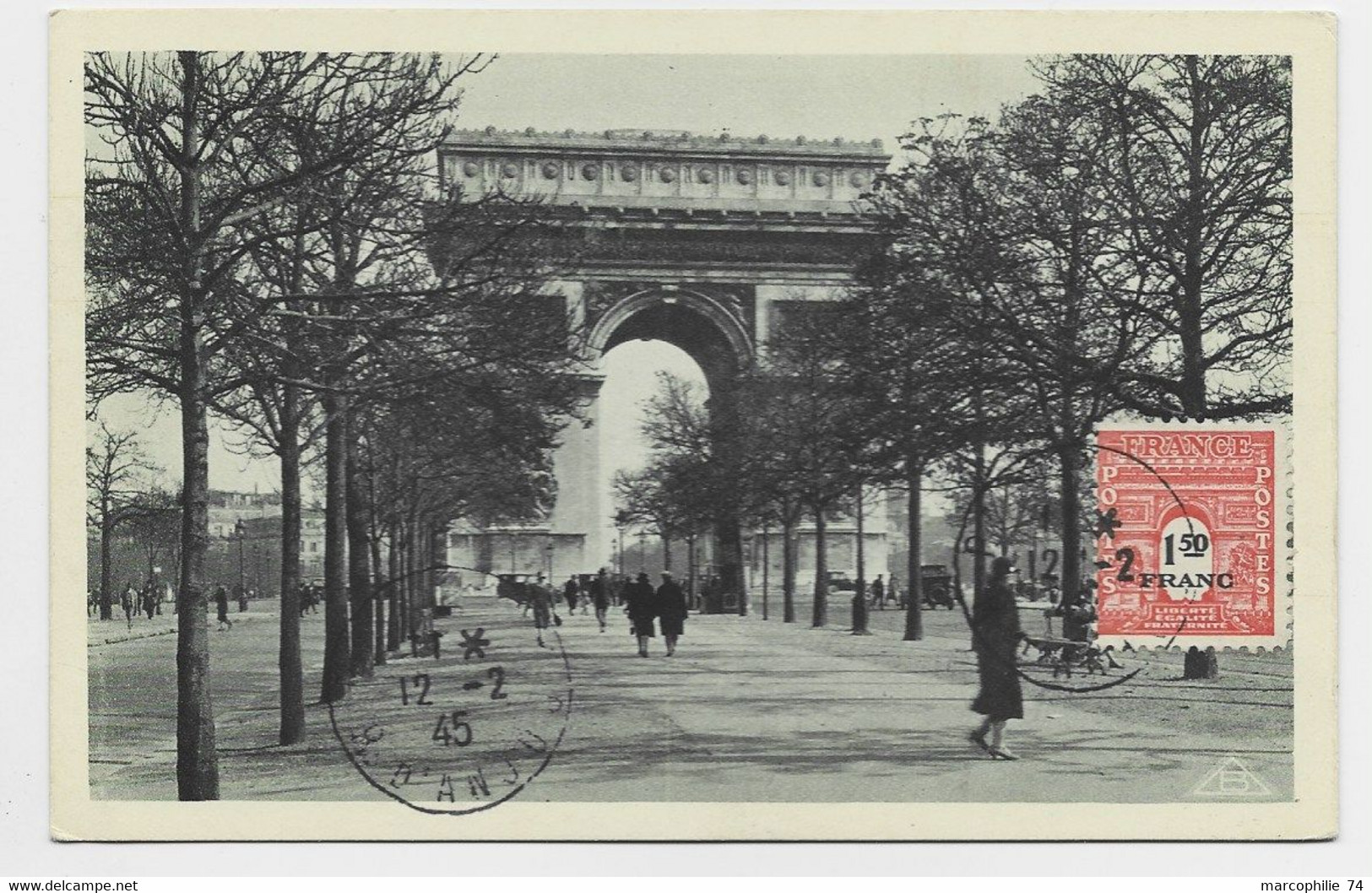 FRANCE ARC TRIOMPHE 1FR50 CARTE MAXIMUM PARIS 12.2.1945 1ER JOUR DU TIMBRE SUPERBE - 1944-45 Arc De Triomphe