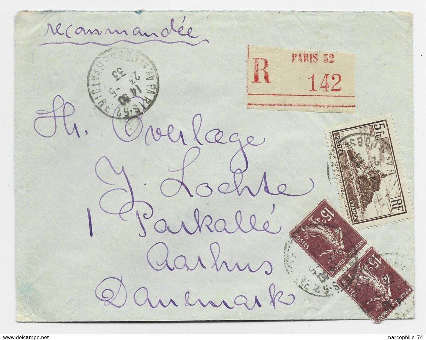FRANCE 260 +189X2 LETTRE REC PARIS 32 123.5.1933 POUR DANEMARK AU TARIF - 1921-1960: Modern Period