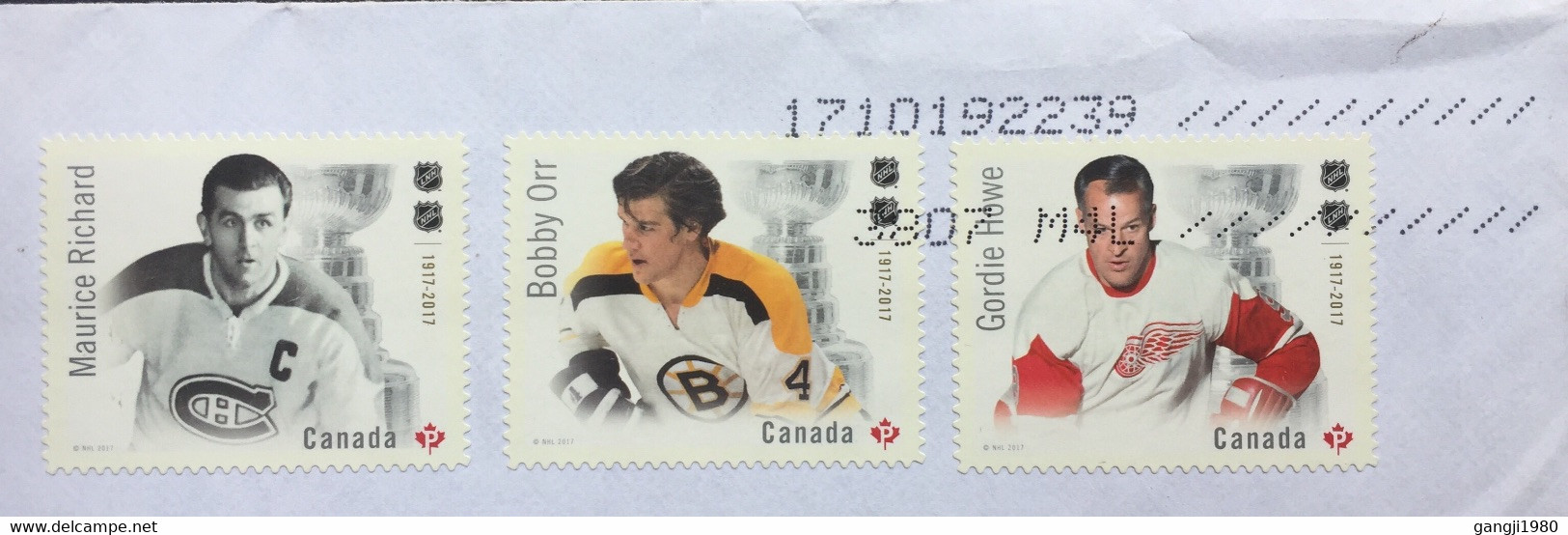 CANADA 2017,USED COVER TO INDIA,MAURICE RICHARD BOBBY ORR & GORDIE HOWE 3 STAMPS ROLLER MACHINE CANCELLATION - Briefe U. Dokumente