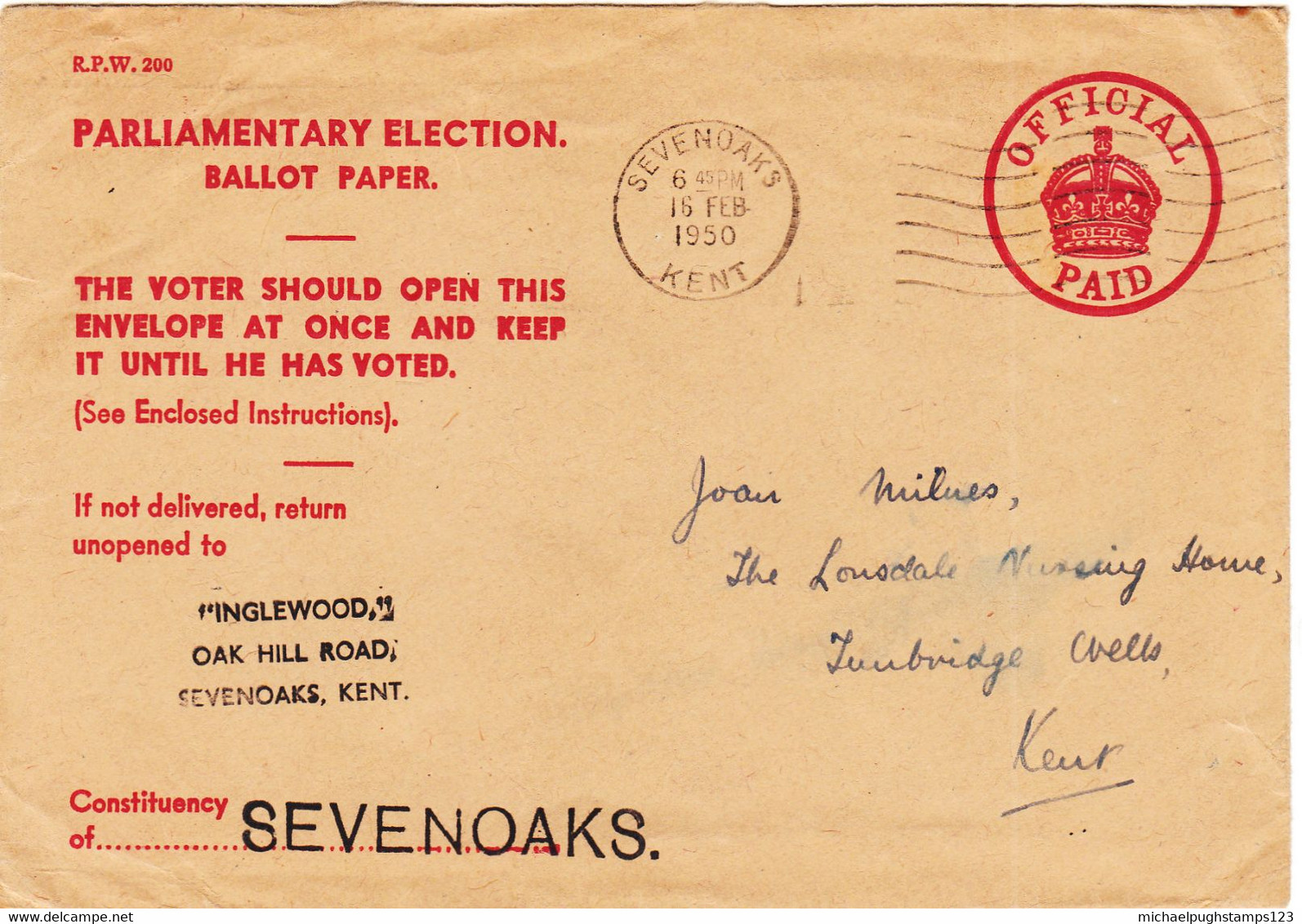 G.B. / Kent / Sevenoaks / Official Mail / Elections / Democracy - Non Classés