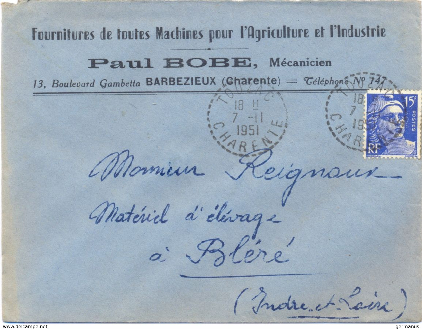 TOUZAC CHARENTE TàD RECETTE-DISTRIBUTION 7-11-1951 -En-tête PAUL BOBE MÉCANICIEN BARBEZIEUX - Manual Postmarks