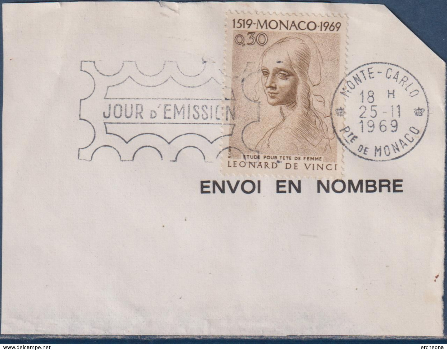 Léonard De Vinci, étude Pour Tête De Femme Monaco Jour D'émission 25.11.1969 N°799 Sur Fragment - Marcophilie