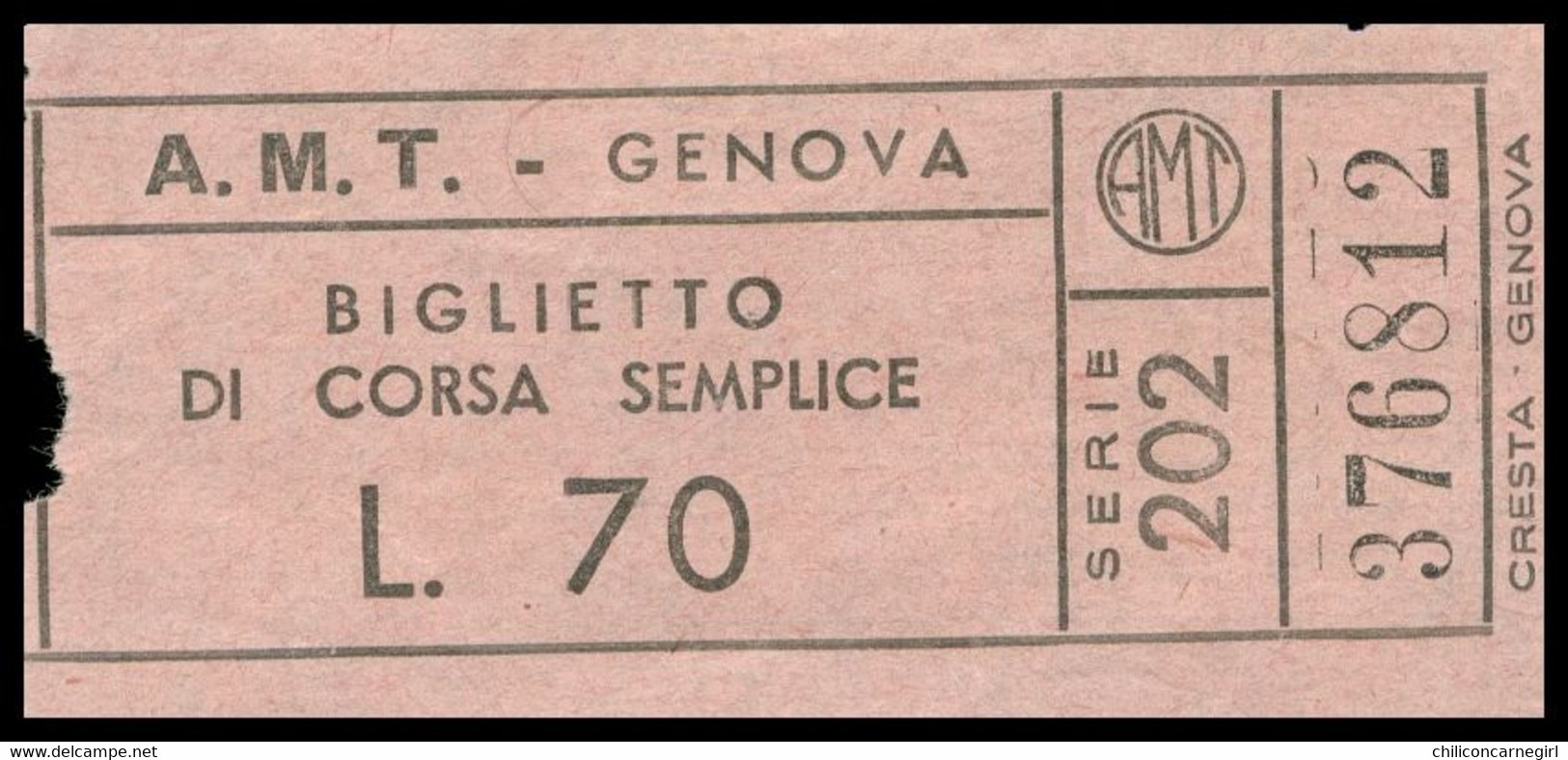 Ticket De Bus - Transport - Italien - A.M.T. Genova - Biglietto Di Corsa Semplice L. 70 - Série 202 - Cresta Genova - Europe