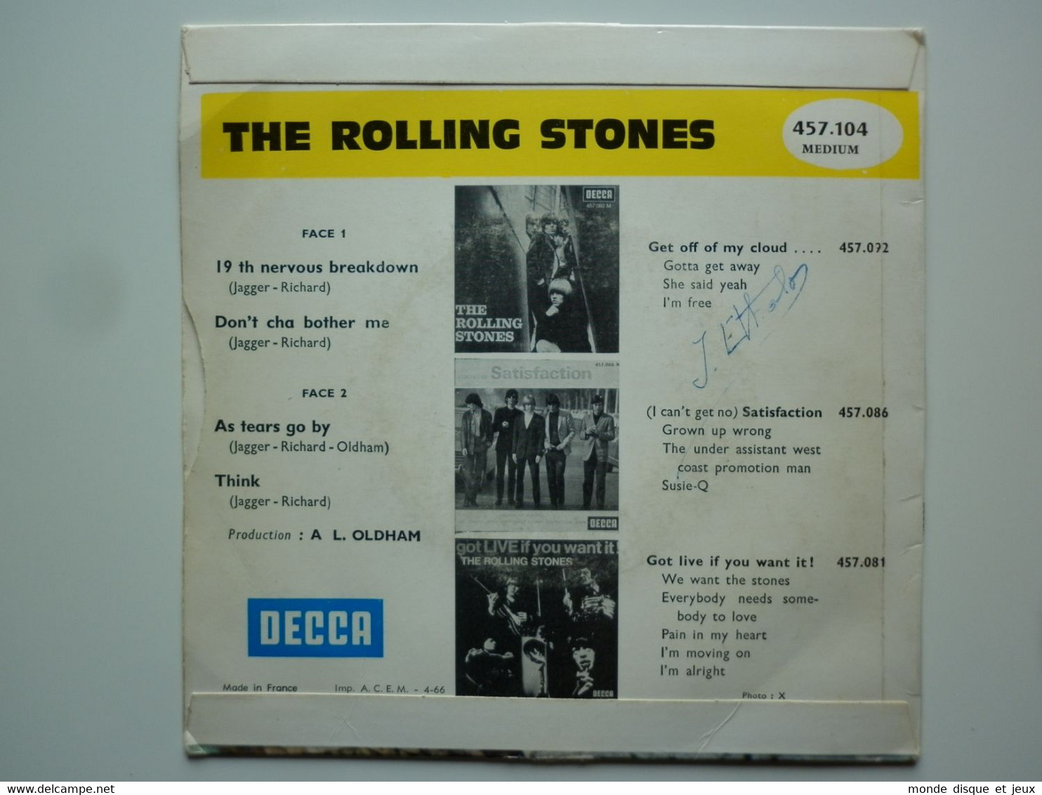 The Rolling Stones 45Tours EP Vinyle As Tears Go By / 19th Nervous Breakdown A.C.E.M. 4-66 - 45 T - Maxi-Single
