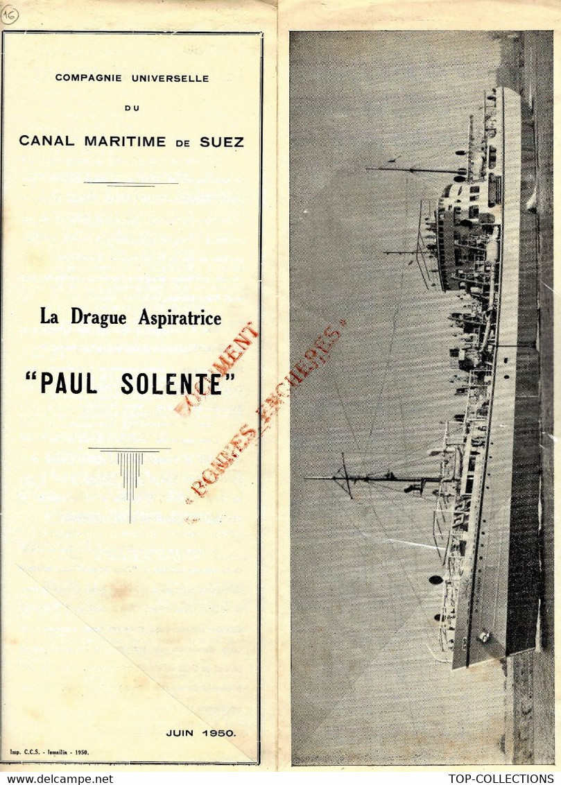 COMPAGNIE UNIVERSELLE CANAL DE SUEZ NAVIRE DRAGUE ASPIRATRICE Paul Solente  1950 DOCUMENTATION - Macchine