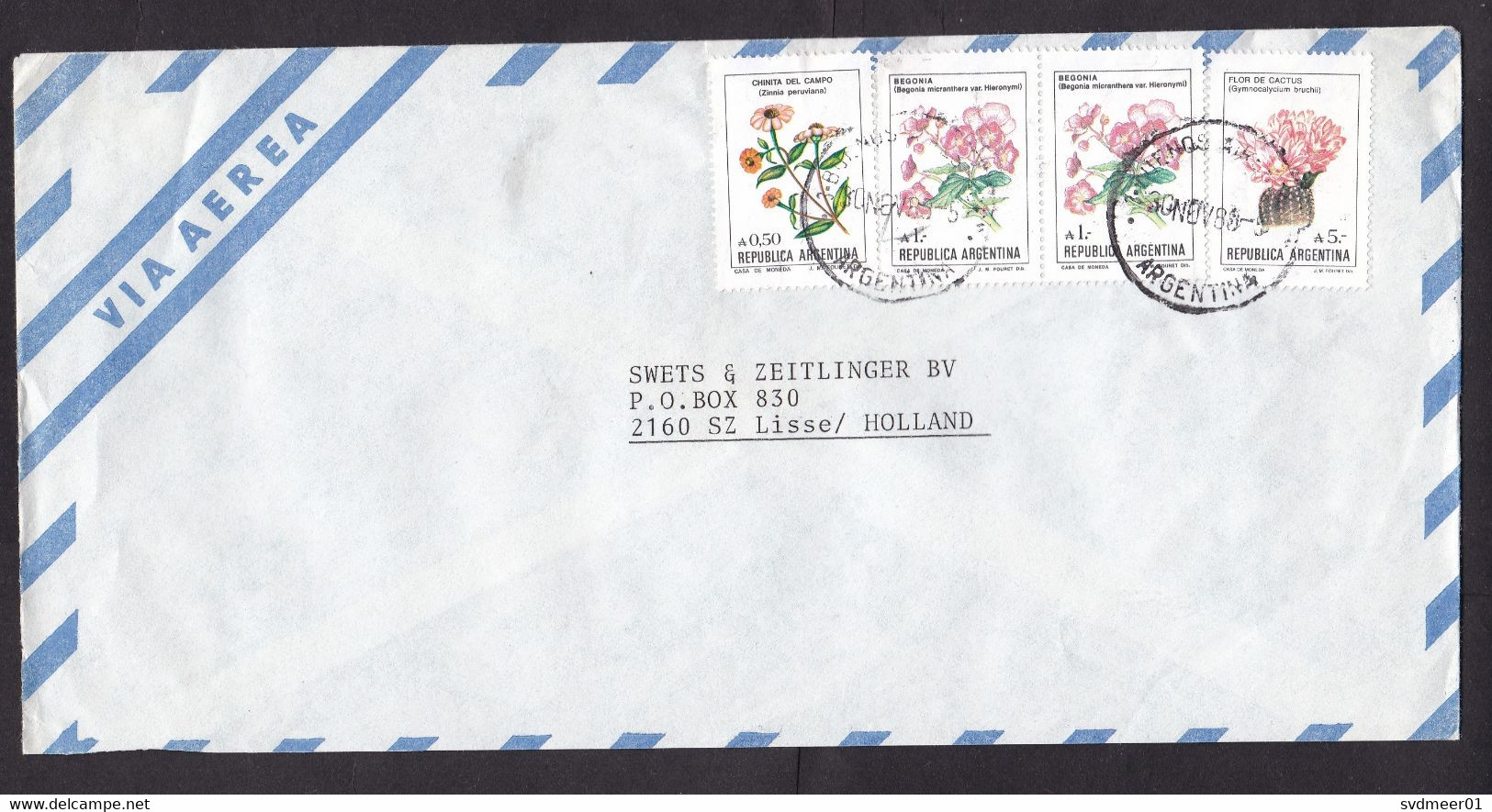 Argentina: Airmail Cover To Netherlands, 1988, 4 Stamps, Flower, Flowers, Cactus, Begonia (traces Of Use) - Briefe U. Dokumente