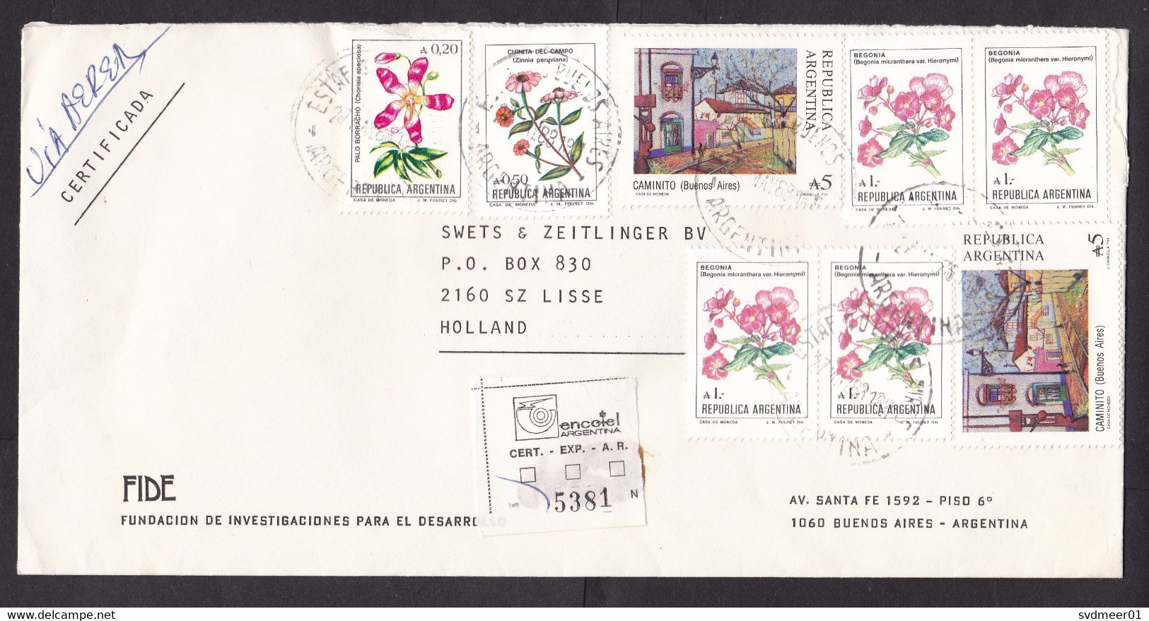 Argentina: Registered Cover To Netherlands, 1988, 8 Stamps, Flower, Flowers, Painting, Art, R-label (2 Stamps Damaged) - Briefe U. Dokumente