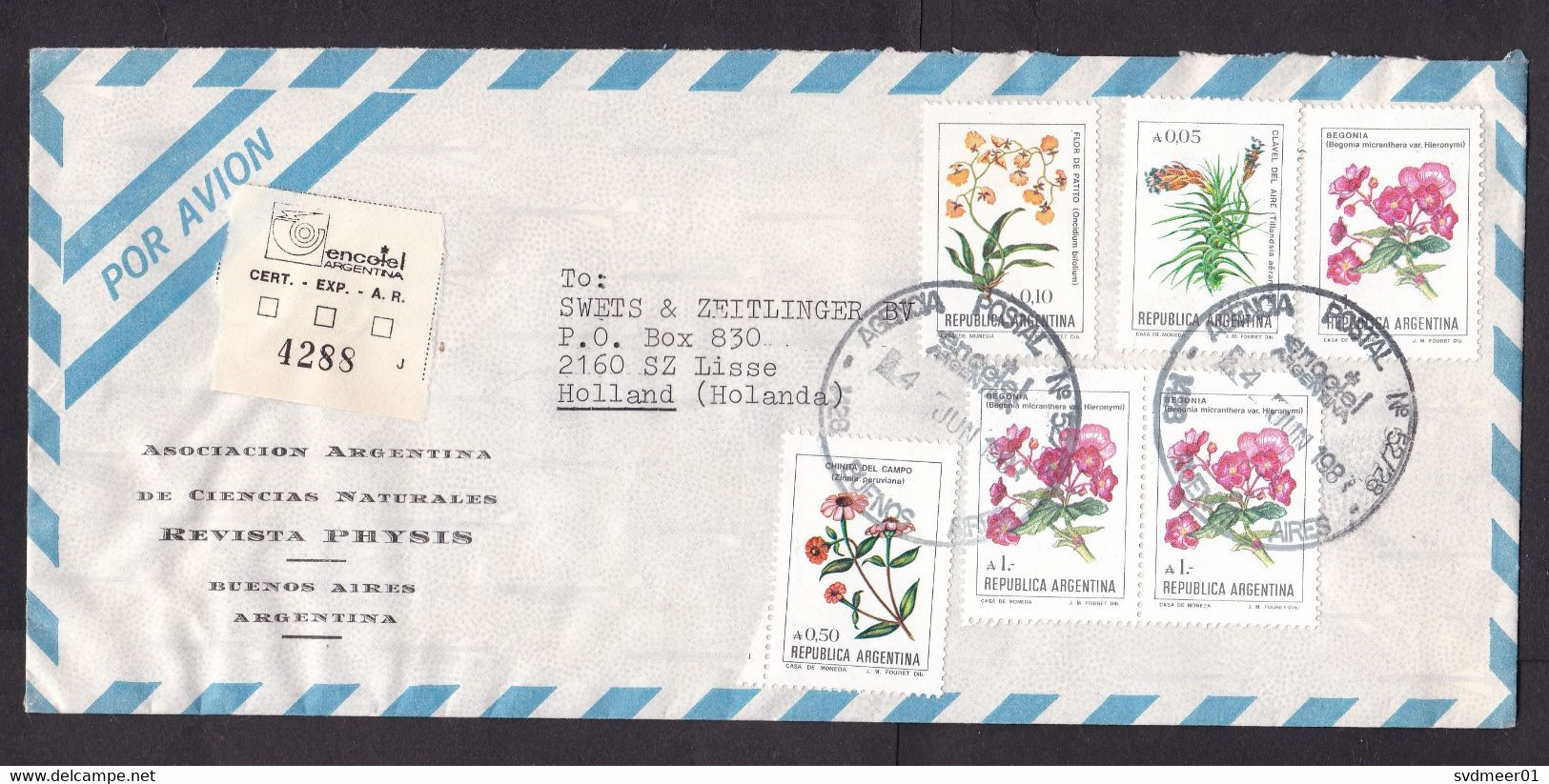 Argentina: Registered Airmail Cover To Netherlands, 1988, 6 Stamps, Flower, Flowers, Begonia, R-label (traces Of Use) - Cartas & Documentos