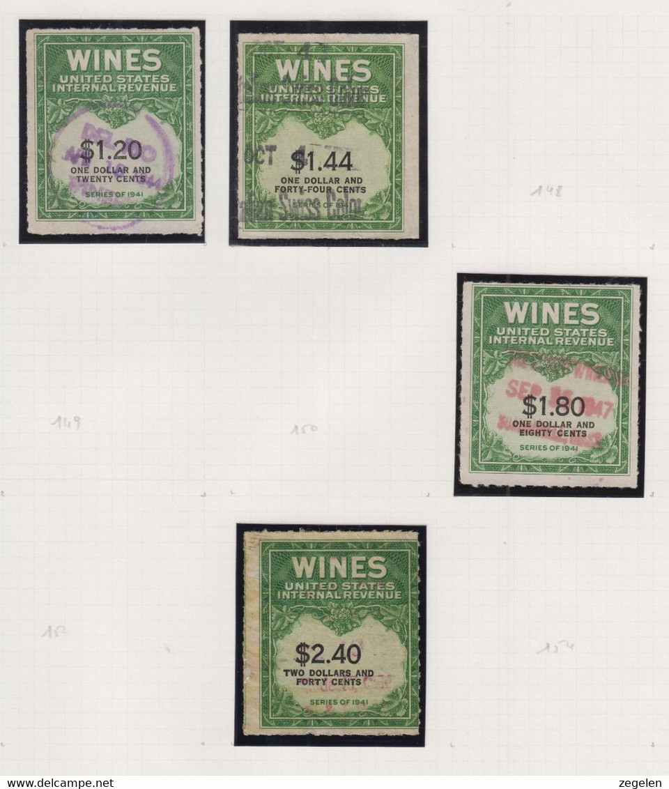 Verenigde Staten Scott Cataloog Revenue Stamps Cordials/Wines 4 Zegels Tussen RE146 En RE 153 - Revenues