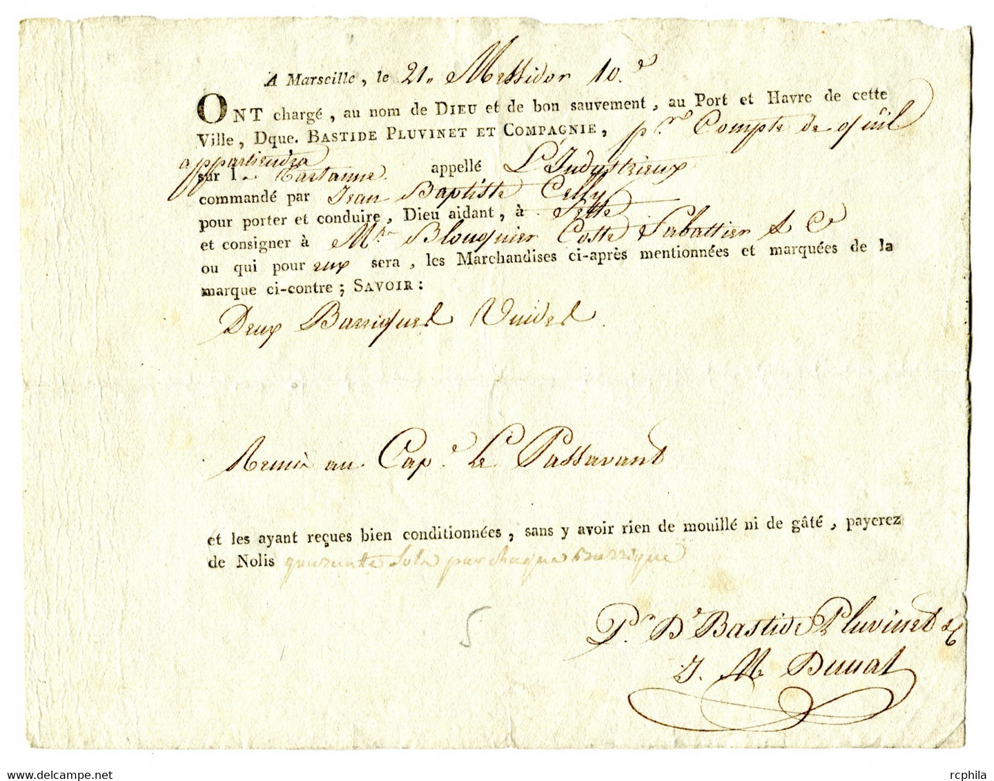 RC 22413 CONNAISSEMENT AN 10 (1802) NAVIRE L'INDUSTRIEUX DEVANT MARSEILLE TRANSPORT BARRIQUES POUR CETTE BILL OF LANDING - Transport