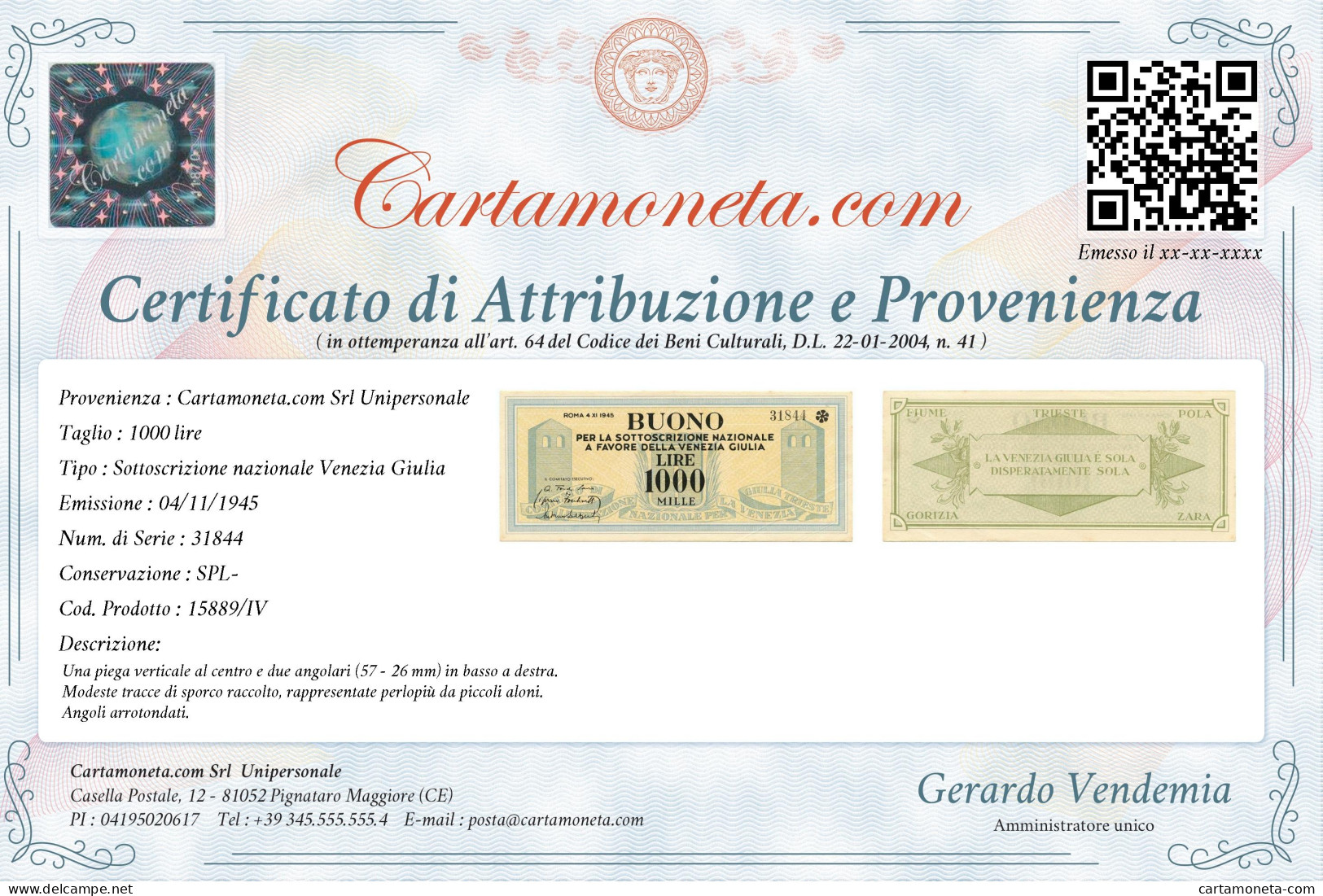 1000 LIRE BUONO SOTTOSCRIZIONE NAZIONALE A FAVORE VENEZIA GIULIA 04/11/1945 SPL- - Andere & Zonder Classificatie