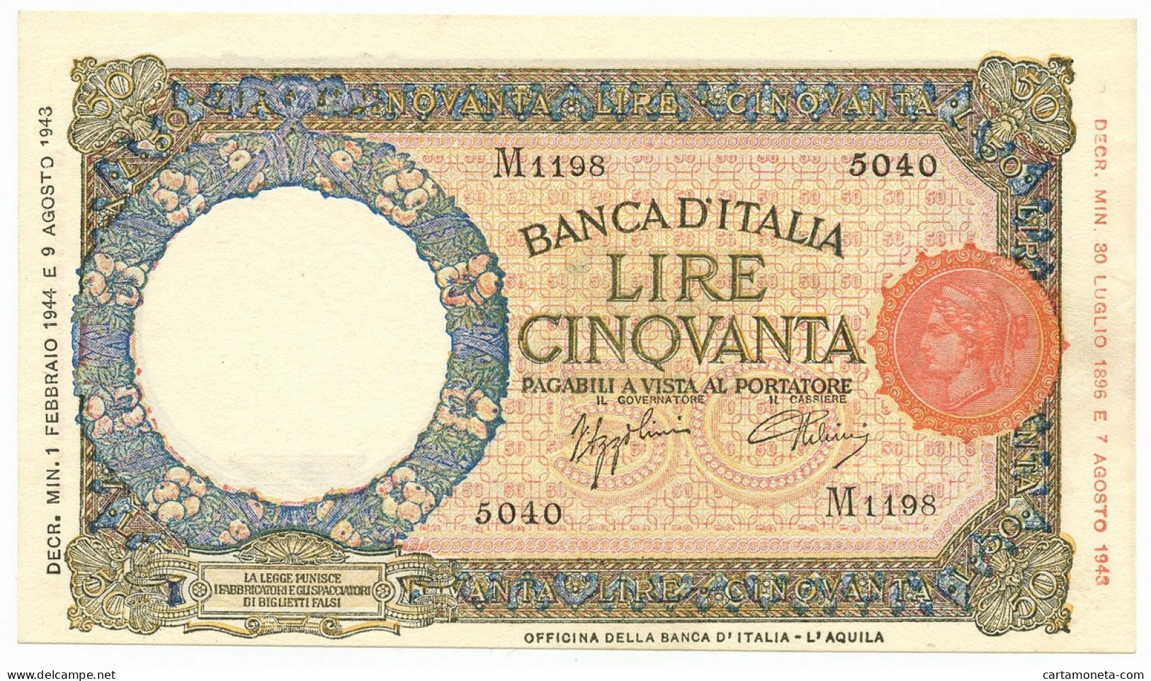 50 LIRE CAPRANESI LUPA CAPITOLINA MARG. STRETTO RETRO BI RSI 01/02/1944 SUP+ - Regno D'Italia – Other