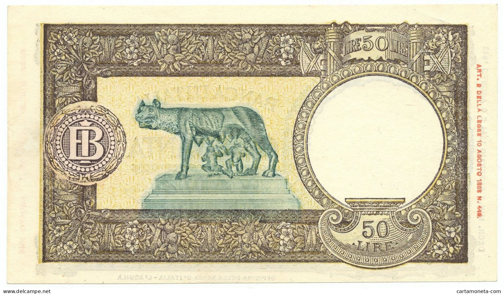 50 LIRE CAPRANESI LUPA CAPITOLINA MARG. STRETTO RETRO BI RSI 01/02/1944 SUP+ - Otros