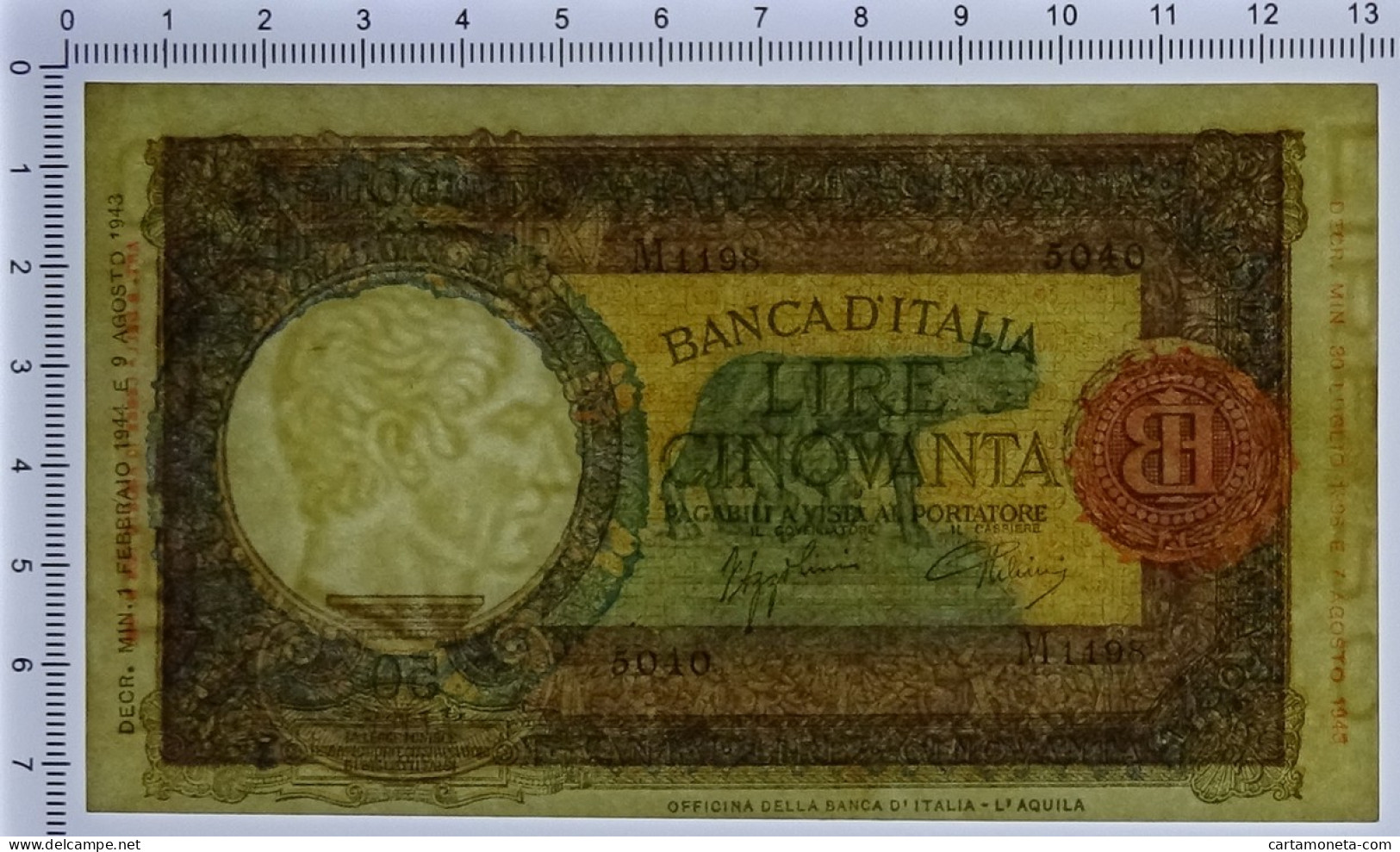 50 LIRE CAPRANESI LUPA CAPITOLINA MARG. STRETTO RETRO BI RSI 01/02/1944 SUP+ - Regno D'Italia – Other