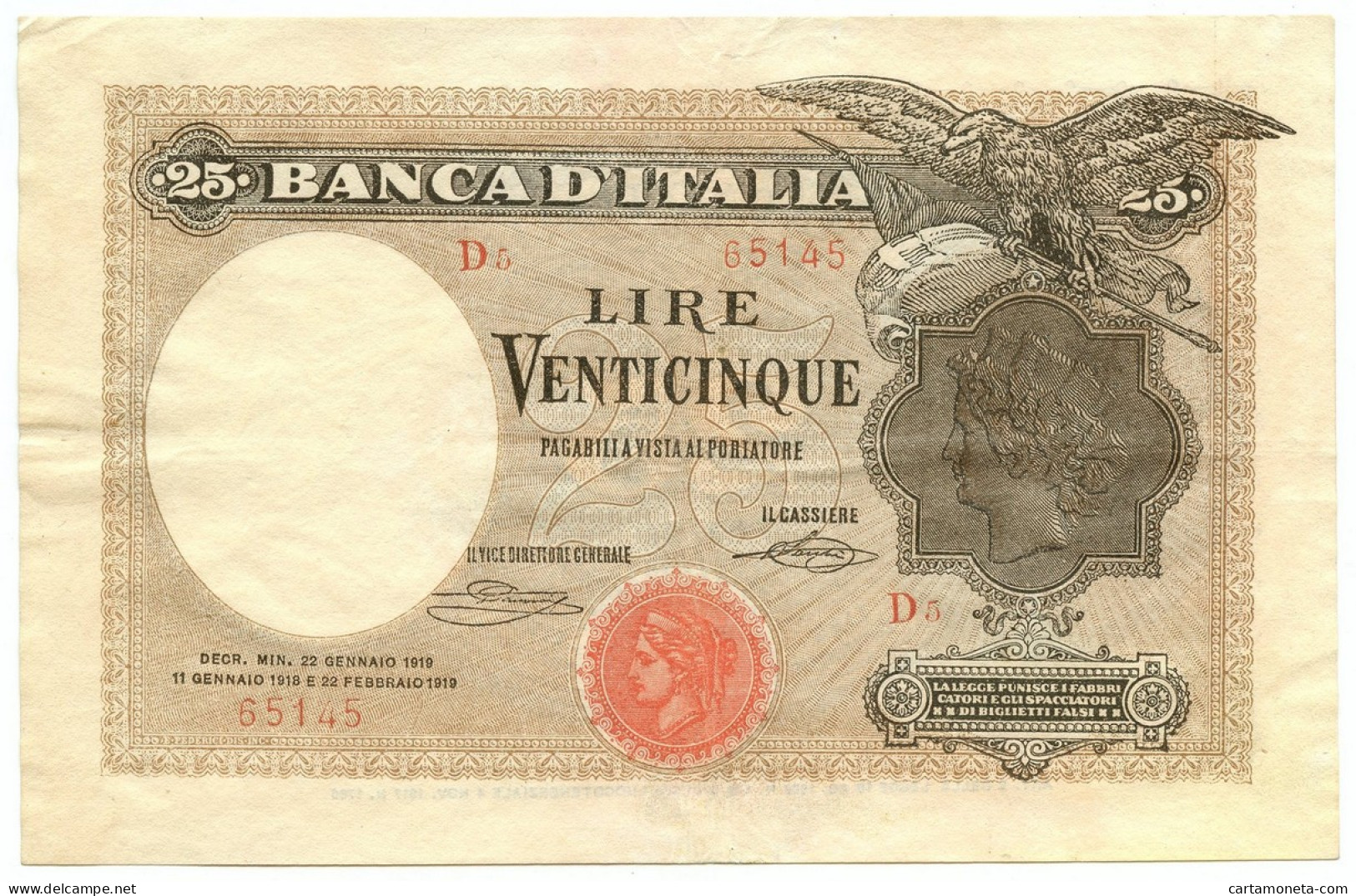 25 LIRE BANCA D'ITALIA AQUILA CON BANDIERA SABAUDA 22/01/1919 BB+ - Regno D'Italia – Other