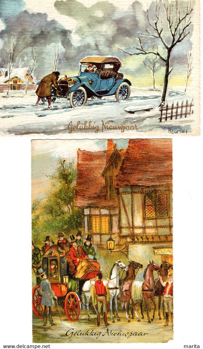 2 Cartes Calèche- Kutsche Mit Pferden -carriage With Horses , Old Car- Koets Met Paarden, Oude Auto - Nieuwjaar