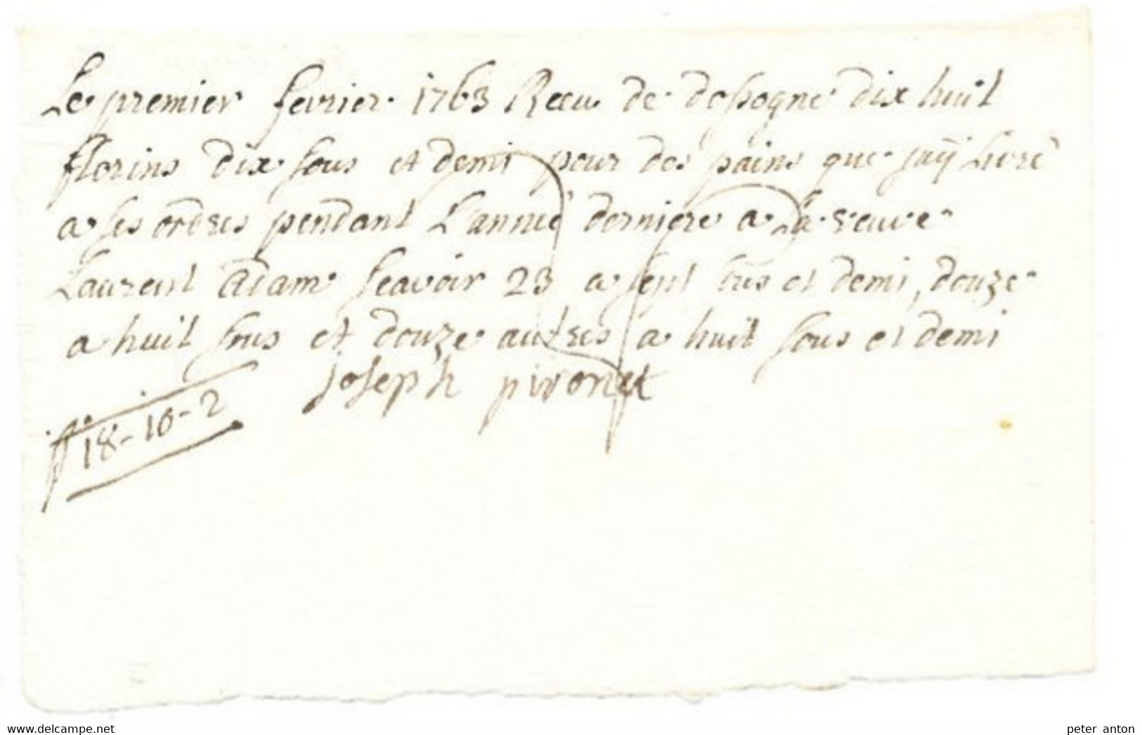 Facture De Pain Du 1 Février 1763 à La Veuve Laurent Par Joseph Pivonet Boulanger - ... - 1799