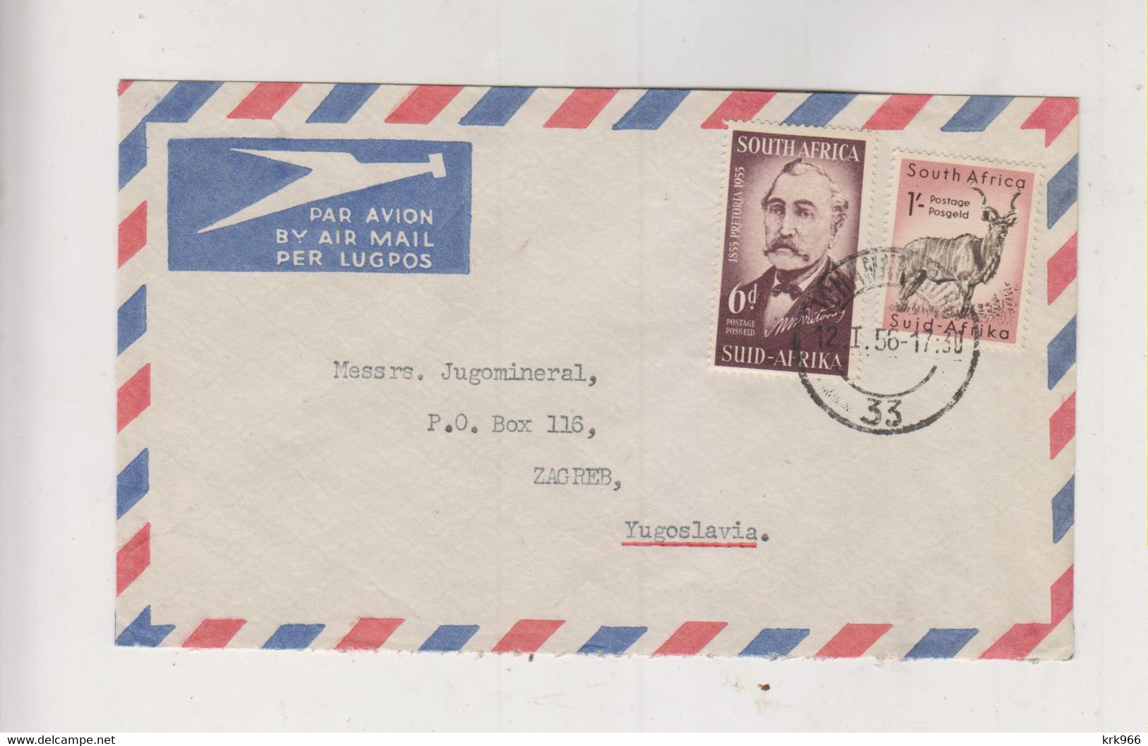 SOUTH AFRICA 1956 JOHANNESBURG Nice Airmail Cover To Yugoslavia - Poste Aérienne