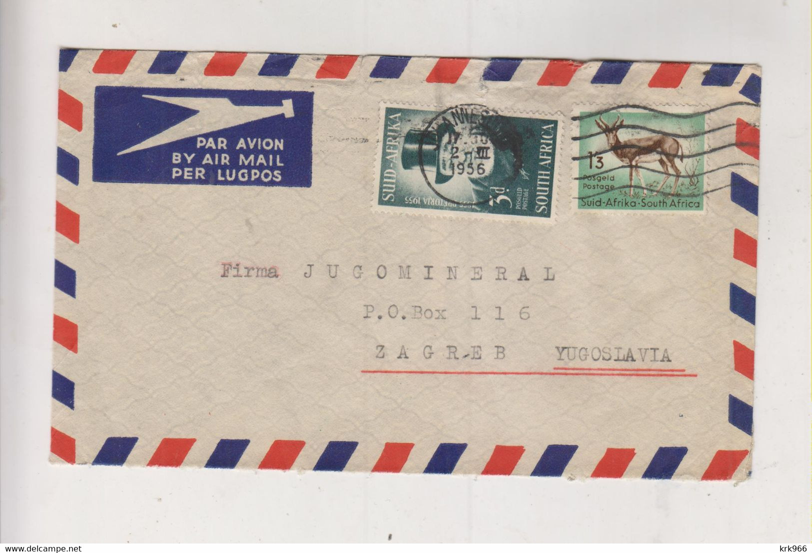 SOUTH AFRICA 1956 JOHANNESBURG Nice Airmail Cover To Yugoslavia - Poste Aérienne