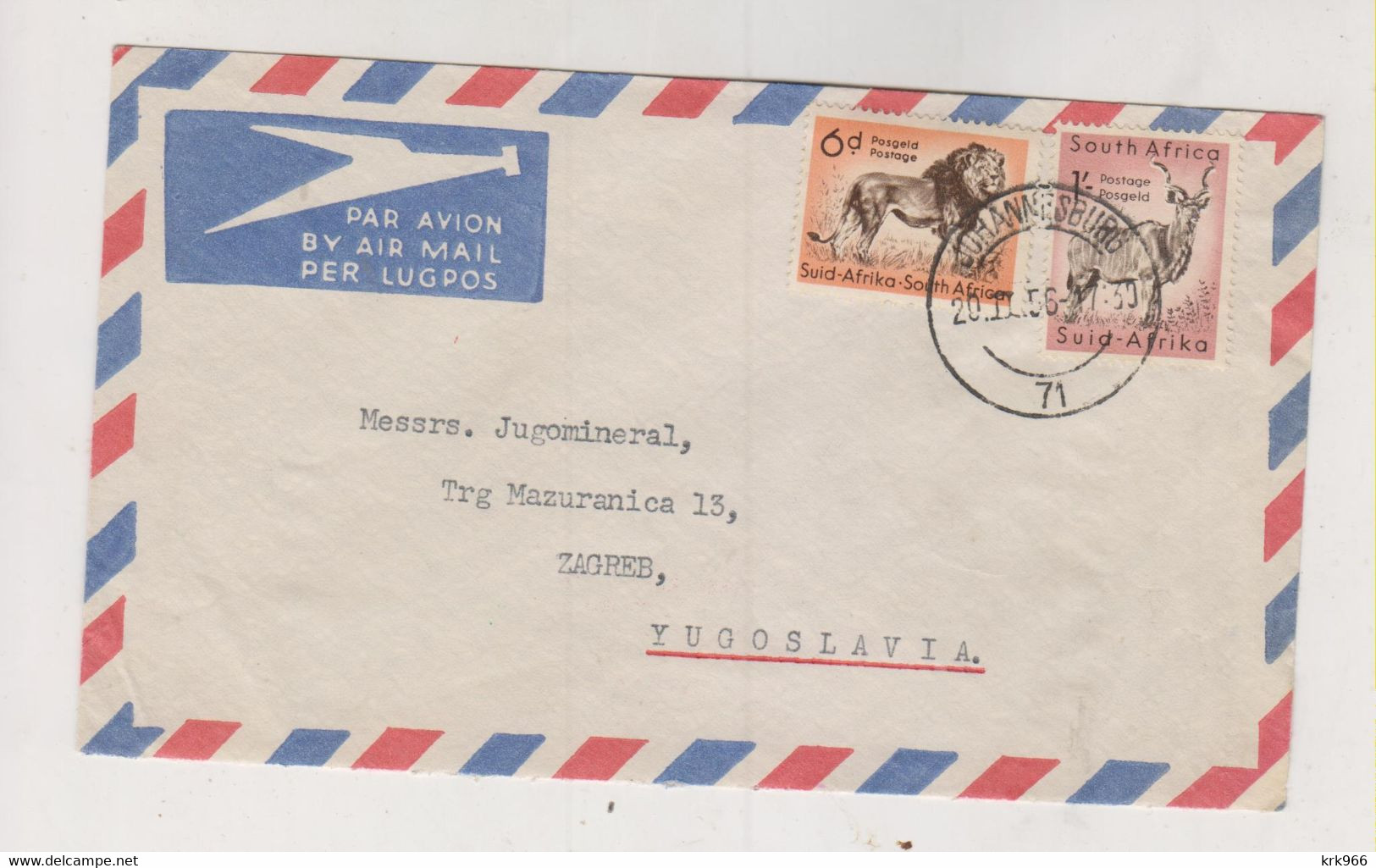 SOUTH AFRICA 1956 JOHANNESBURG Nice Airmail Cover To Yugoslavia - Poste Aérienne