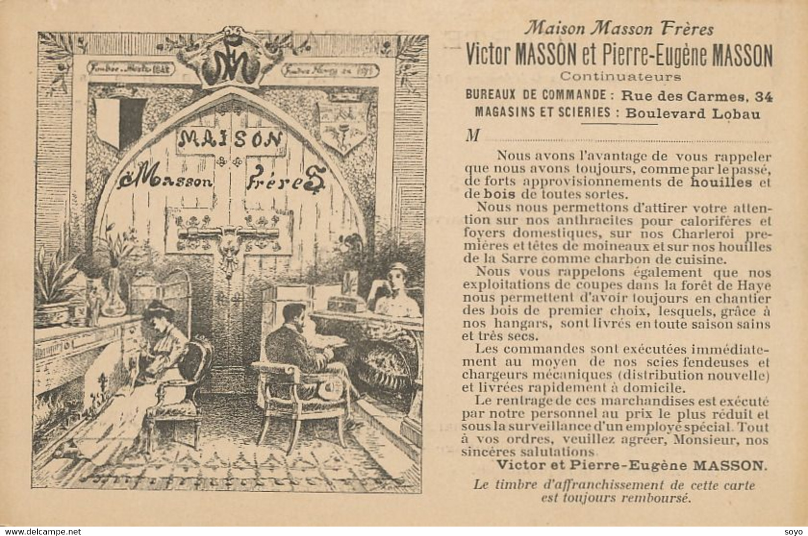 Magasins De Charbon Et Scieries Bois Masson à Nancy  Houille Coal And Wood Dealer Charleroi  Louisenthal - Händler