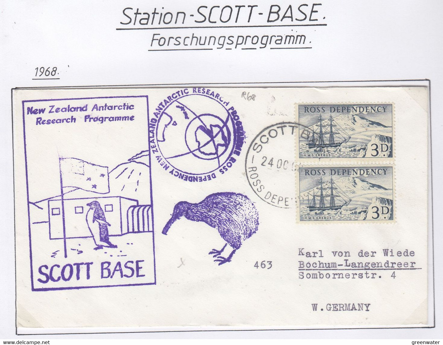 Ross Dependency 1968 Ca New Zealand Antarctic Research Programme Ca Scott Base 24 OC 68 (SCA160) - Brieven En Documenten