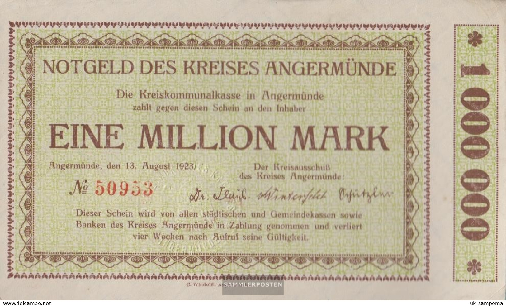 Angermünde Inflationsgeld Of Circle Angermünde Used (III) 1923 1 One Million Mark - 1 Million Mark