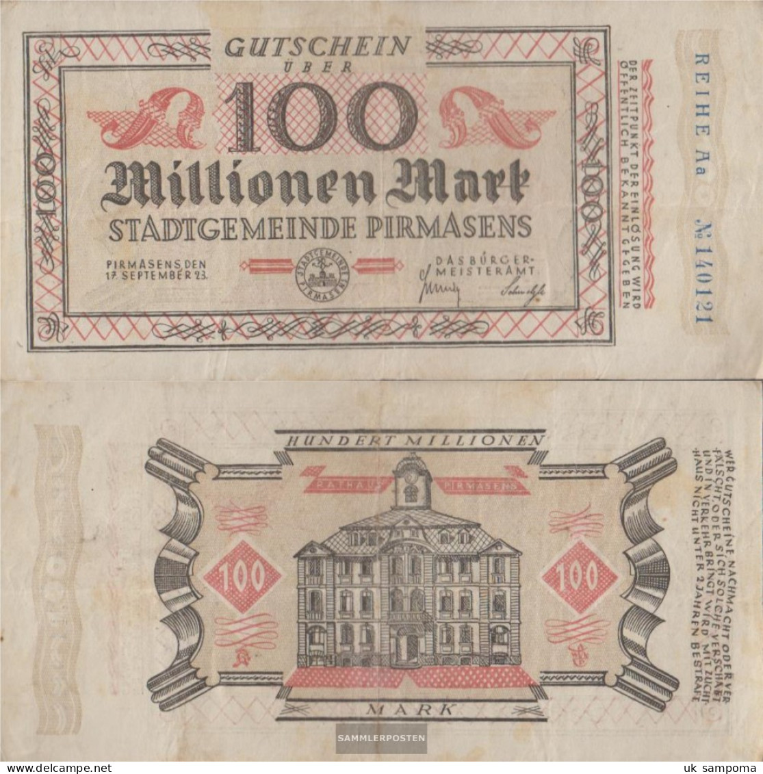 Pirmasens Inflationsgeld Municipality Pirmasens Used (III) 1923 100 Million Mark - 100 Millionen Mark