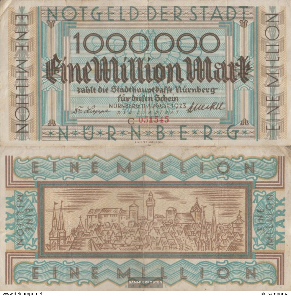 Nuremberg Inflationsgeld City Nuremberg Used (III) 1923 1 One Million Mark - 1 Miljoen Mark