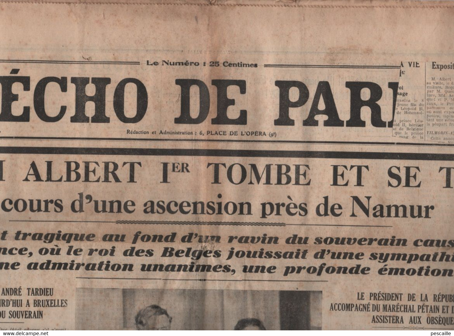 L'ECHO DE PARIS 17 02 1934 - MORT DU ROI ALBERT PREMIER DES BELGES PRES NAMUR - BAYONNE - GRAVURE JAPONAISE - BURLINGTON - Le Petit Parisien
