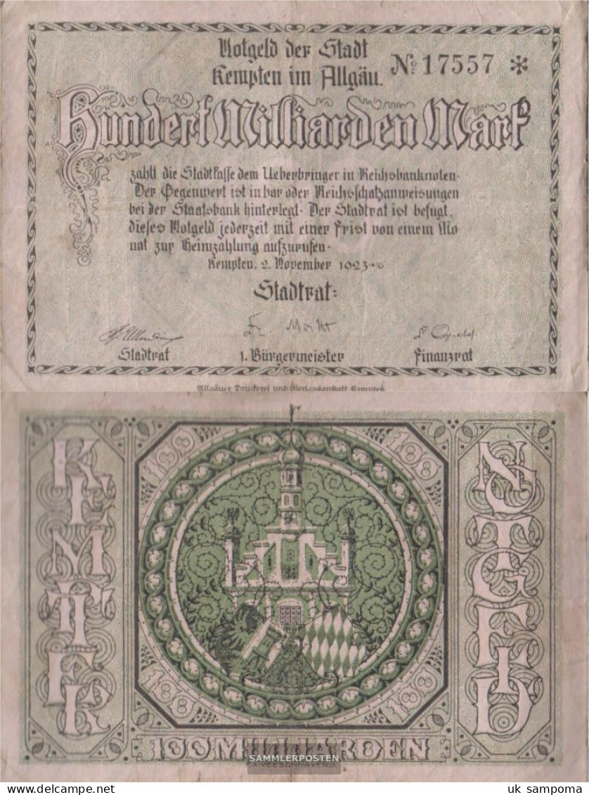 Kempten Inflationsgeld City Kempten In Allgäu Used (III) 1923 100 Billion Mark - 100 Mrd. Mark