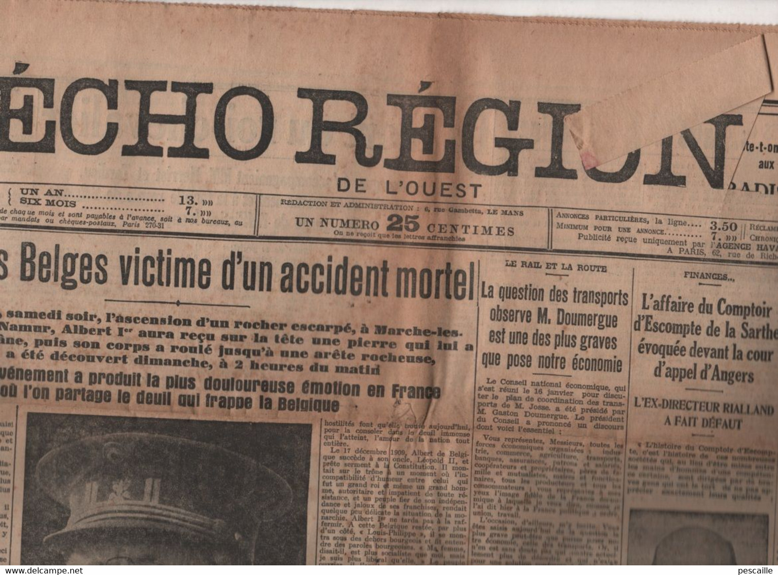 L'ECHO REGIONAL DE L'OUEST 17 02 1934 LE MANS - MORT DU ROI ALBERT PREMIER DES BELGES PRES NAMUR - BEUCHER - BAYONNE - Le Petit Parisien